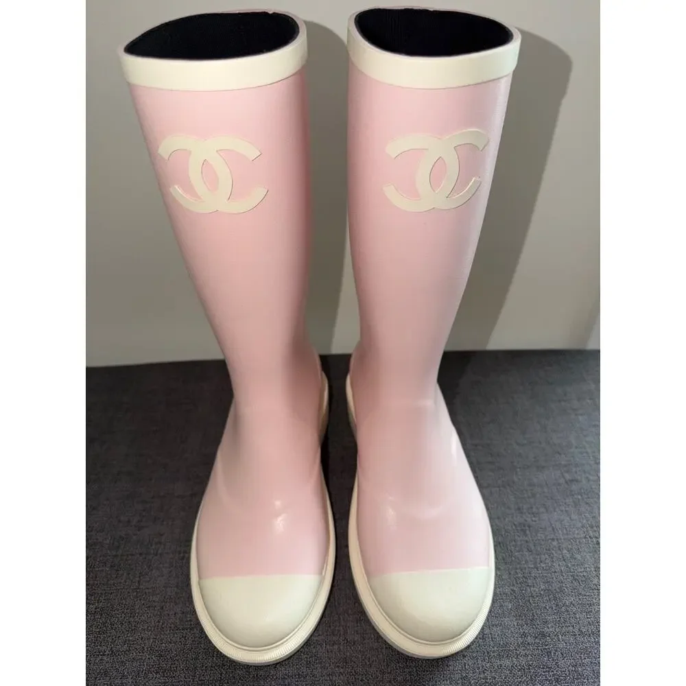 Chanel 26C Rose Pink White Caoutchouc CC Logo High Pull On Rubber Rain Boots 38 - Picture 14 of 16